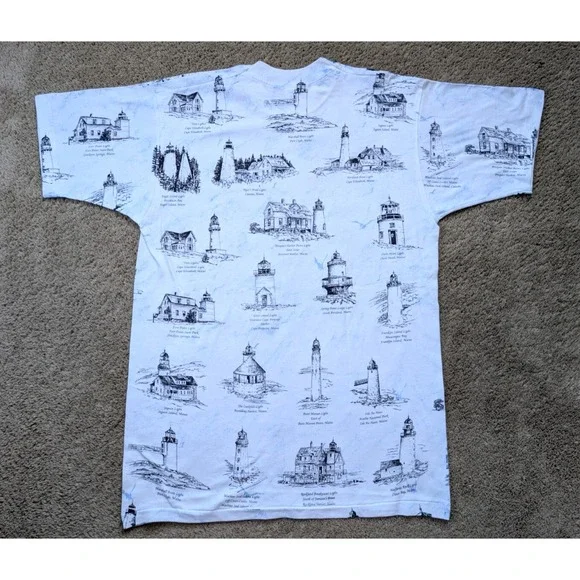 Vintage Maine Lighthouse Shirt Mens Large AOP Single Stitch Fruit of the Loom - Picture 9 of 9